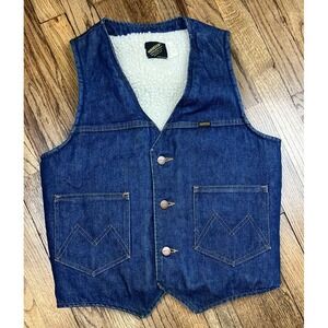 Vintage Maverick Automaticks Sanforized Sherpa Lined Denim Vest 1970s Sz Small